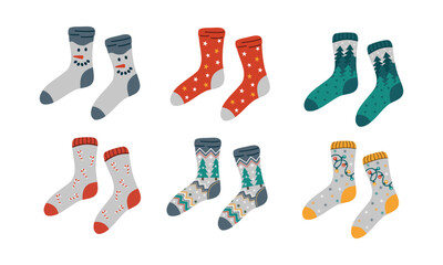 Set of cute christmas winter socks. Isolated on white.