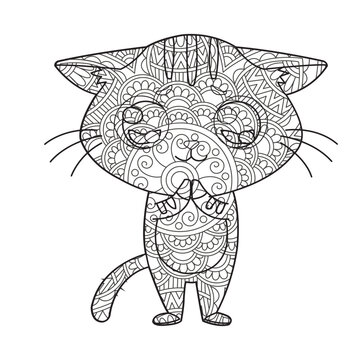 Zentangle cat mandala coloring page for adults christmas cat and floral animal coloring book isolated on white background antistress coloring page vector illustration