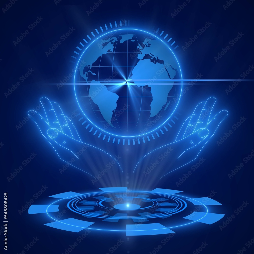 Poster technological ecology concept with hologram - holographic globe with continents over open hands - co