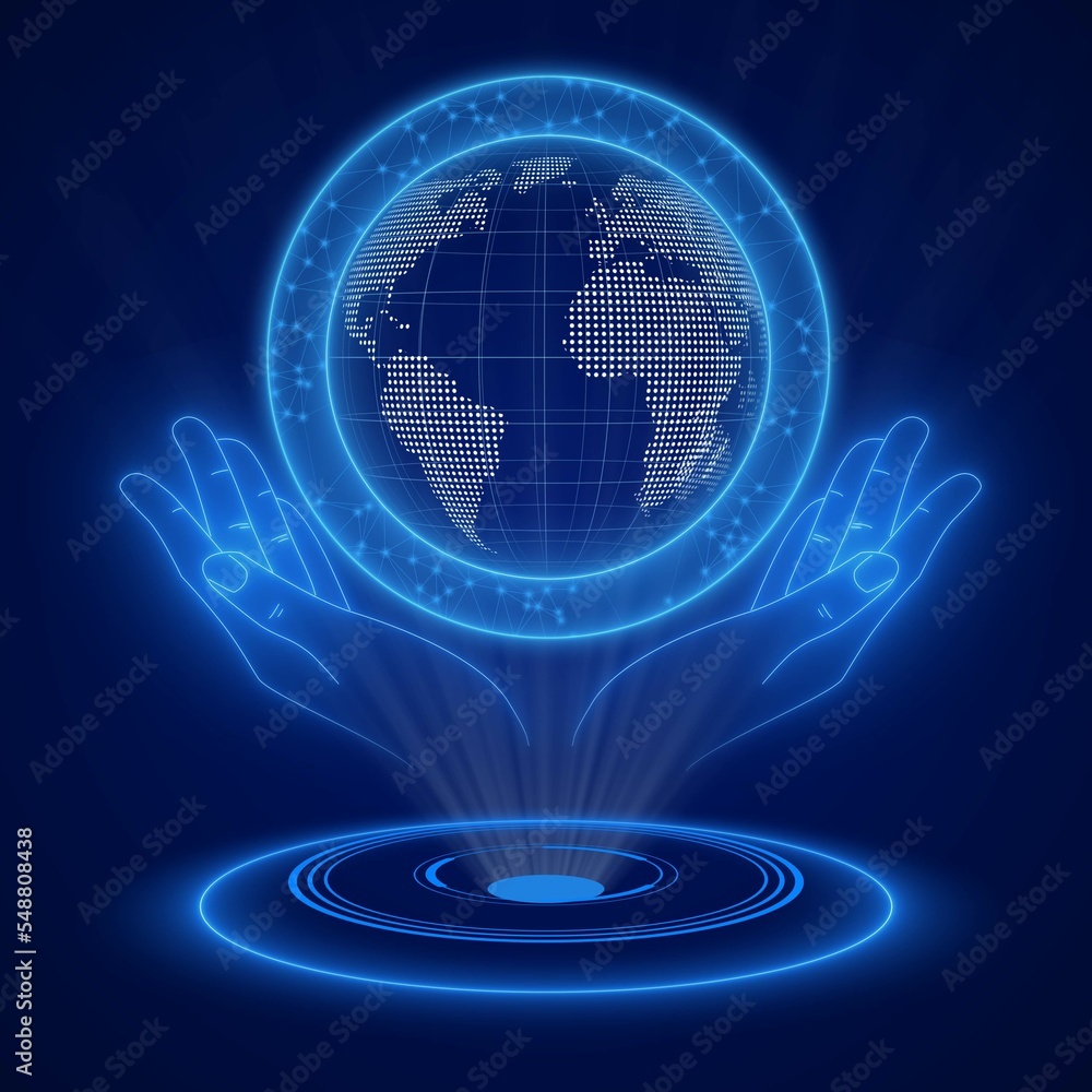 Poster technological ecology concept with hologram - holographic globe with continents over open hands - co