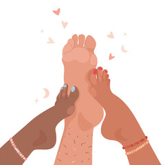 Feet of three naked partners of different nationalities hugging. Concept of polygamy. Polyamory of three people of different sexes. Free love and sexual relationship.
