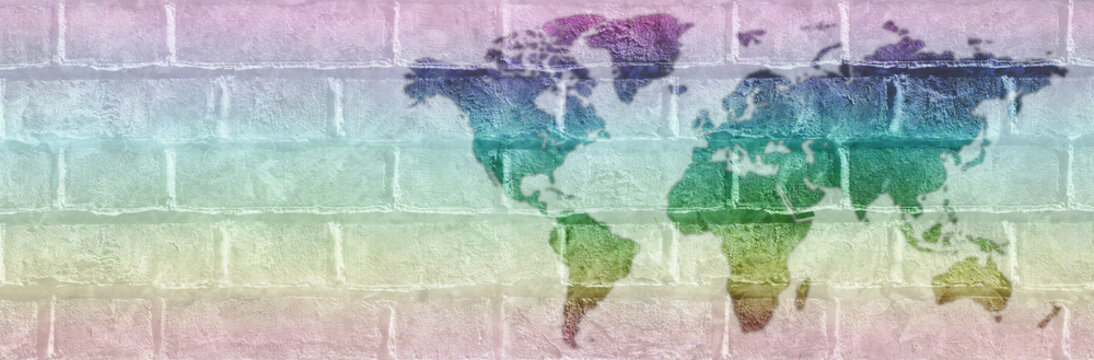 Rainbow coloured world map campaign template - brick wall texture with map of world in graduated rainbow colours on right side and space for writing on left ideal for LBGTQ awareness message
