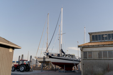 Yacht. The yacht is on the shore for repairs.