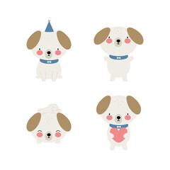 Set with cute dog. Vector illustration on a white background. For card, posters, stickers, icons, printing on the pack, printing on clothes, fabric, wallpaper.