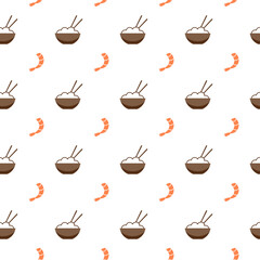 Shrimp and bowl with rice, seamless pattern, vector. Pattern of shrimp and bowls with rice.
