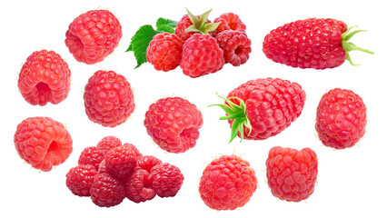 Raspberries, singles and in piles, with leaves, fresh, different varieties.  Rubus idaeus fruits