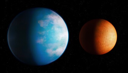 Comparison of a planet similar to Earth with a planet similar to Mars. A blue planet where life is possible next to a desert dry planet. Composite image.