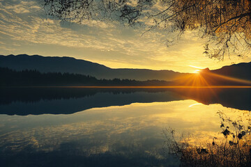 Fototapeta premium Illustration of a Sunrise over the lake with mountains and trees 