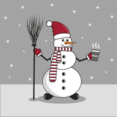 New Year. Christmas. a snowman stands with a broom and holds hot coffee in his hand 