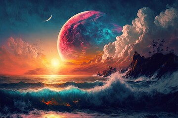 Fototapeta na wymiar World within worlds - moon as a portal rift to another dimension in time and space with turbulent ocean waves and surreal clouds. Fantasy unreal sci-fi seascape digital illustration.