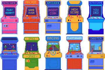 Pixel art arcade game machines. Old 8 bit gaming console different games and play again, high score and you died screens vector set © WinWin