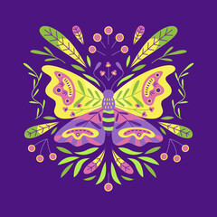 Butterfly and folk floral ornament with flowers, leaves and branches