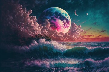 Obraz na płótnie Canvas World within worlds - moon as a portal rift to another dimension in time and space with turbulent ocean waves and surreal clouds. Fantasy unreal sci-fi seascape digital illustration.