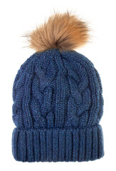 Knitted winter bobble hat with cable knitting ornament isolated on white
