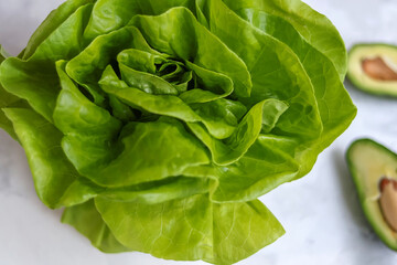 Oily salad close-up and avocado. Healthy food. Proper nutrition. Vegan breakfast