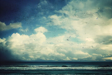 Illustration of the ocean meeting the sky with bird flying in the sky.
