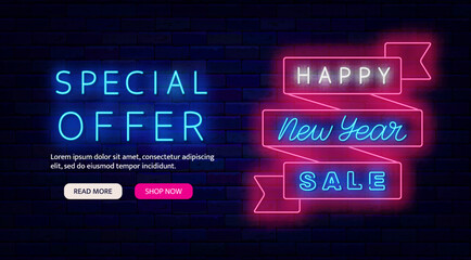 Happy New Year sale neon flyer. Pink ribbon frame. Website landing page template. Vector stock illustration