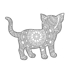 Zentangle cat mandala coloring page for adults christmas cat and floral animal coloring book isolated on white background antistress coloring page vector illustration