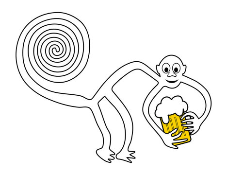 Monkey with pint of beer - paraphrase of the famous geoglyph of the Monkey from Nazca - vector illustration