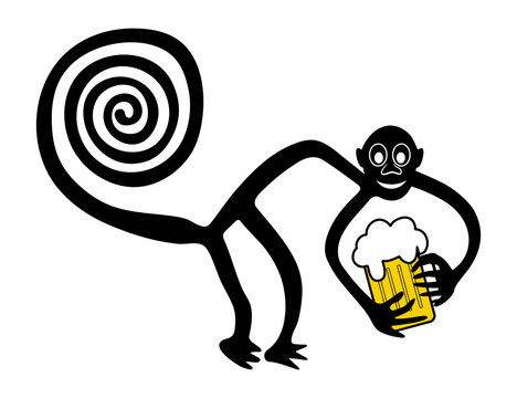 Monkey with pint of beer  - paraphrase of the famous geoglyph of the Monkey from Nazca - vector illustration