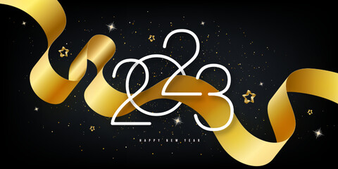Happy new year 2023. Festive black background with golden numbers, confetti, stars and streamer ribbons. Vector illustration 3D. Holiday banner realistic style. Luxury design poster, cover, wallpaper.