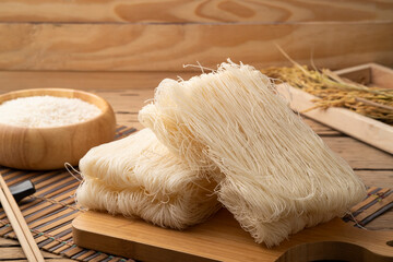 Thai died White Rice Vermicelli on wooden board,Uncooked