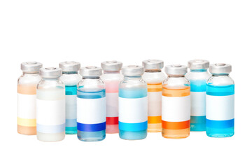 Group of the isolated with transperancy vials of colored substances
