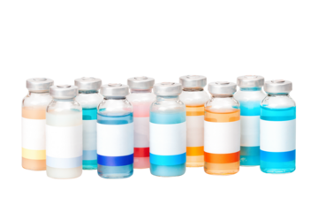 Group of the isolated with transperancy vials of colored substances