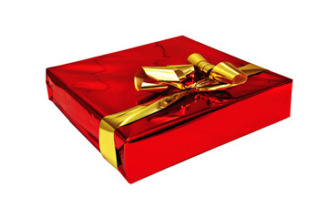 Beautiful red gift package wrapped in glossy paper and gold bow and cut out.