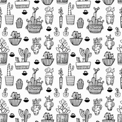 Seamless watercolor pattern with cactuses on a light background.
Various indoor flowers in pots.