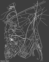 Detailed negative navigation white lines urban street roads map of the HAMM MUNICIPALITY of the German regional capital city of Marl, Germany on dark gray background