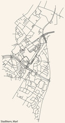 Obraz premium Detailed navigation black lines urban street roads map of the STADTKERN MUNICIPALITY of the German regional capital city of Marl, Germany on vintage beige background