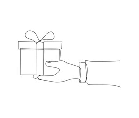 Continuous line drawing of hand holding present box.  Presents cardboard box with ribbon simple line art with active stroke.  Holiday, birthday and thanksgiving concept.