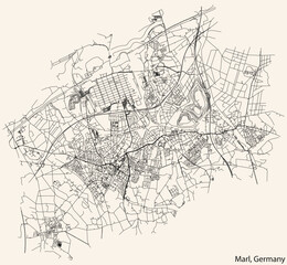 Fototapeta na wymiar Detailed navigation black lines urban street roads map of the German regional capital city of MARL, GERMANY on vintage beige background