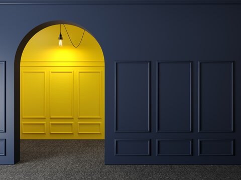 Classic wall of dark wood panels and yellow arch