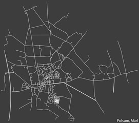Detailed negative navigation white lines urban street roads map of the POLSUM MUNICIPALITY of the German regional capital city of Marl, Germany on dark gray background