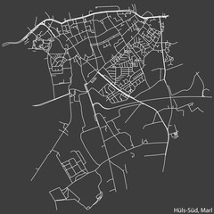 Detailed negative navigation white lines urban street roads map of the HÜLS-SÜD MUNICIPALITY of the German regional capital city of Marl, Germany on dark gray background