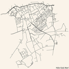 Detailed navigation black lines urban street roads map of the HÜLS-SÜD MUNICIPALITY of the German regional capital city of Marl, Germany on vintage beige background