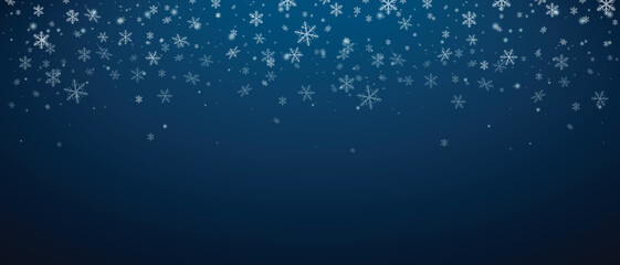 Snow Eve Blue Sky Background. Christmas snowy winter design. White falling snowflakes, abstract landscape. Cold weather effect. Magic nature fantasy snowfall texture decoration. Vector illustration