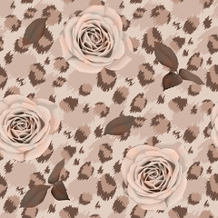 Fototapeta premium Tropical seamless pattern. Leopard print with vintage roses. Animal background. Vector illustration