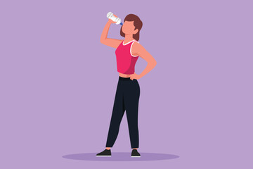 Graphic flat design drawing young woman standing and drinking fresh water from bottle with her right hand after fitness or workout. Healthy lifestyle and freshness. Cartoon style vector illustration