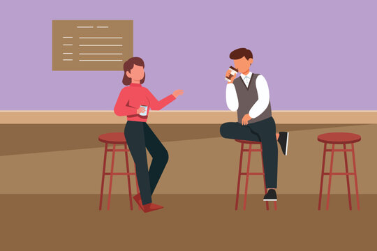 Cartoon flat style drawing loving couple is drinking coffee in cafetaria. Man and woman are sitting and talking at table in cozy restaurant. Breakfast morning daily. Graphic design vector illustration