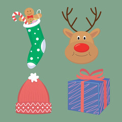 christmas set of vector elements includes sock with candies, winter hat, deer and gift box
