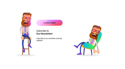 Web icons with a cartoon bearded man sitting on a chair and a subscribe button