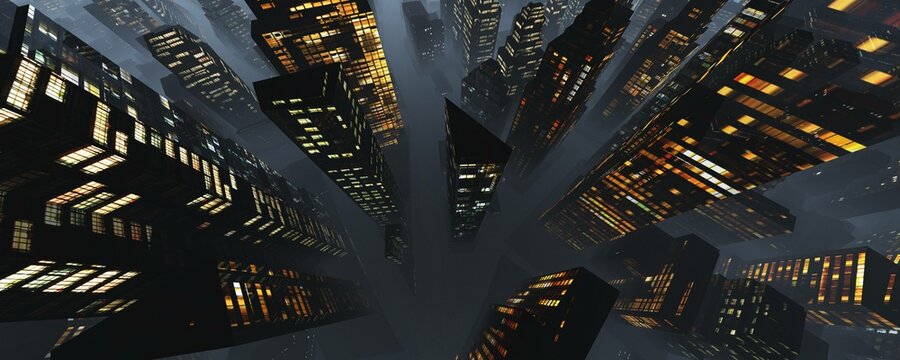 Night city in the fog top view evening city from the height of the flight, 3d rendering
