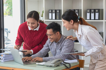 Marketing, Finance, Accounting, Planning, A team of businessmen plan with their laptops and graph charts for their profits and use a calculator to calculate their company is annual balance.