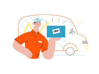 Express delivery - Online shopping and electronic commerce series - modern flat vector concept illustration of a delivery man with a box and van. Shipment, sale and online orders concept