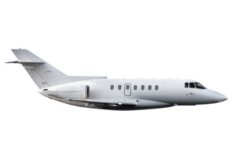 White modern private jet flies isolated on transparent background