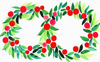 A watercolor painting of a wreath, double rings of leaves and berries crossing like the symbol of infinity. Christmas or wedding backdrop.
