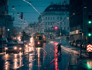 Vienna, Austria: traffic in the city on a rainy morning